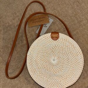 Handcrafted Crown Vintage Vacay Round Woven Crossbody Boho Bag - Cream and Tan
